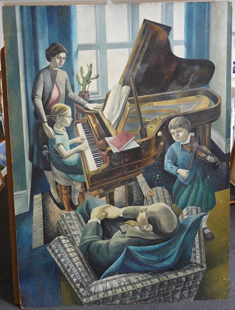 David Smith (British, 1930-1999), Family music recital, oil on hard board, 164 x 120cm